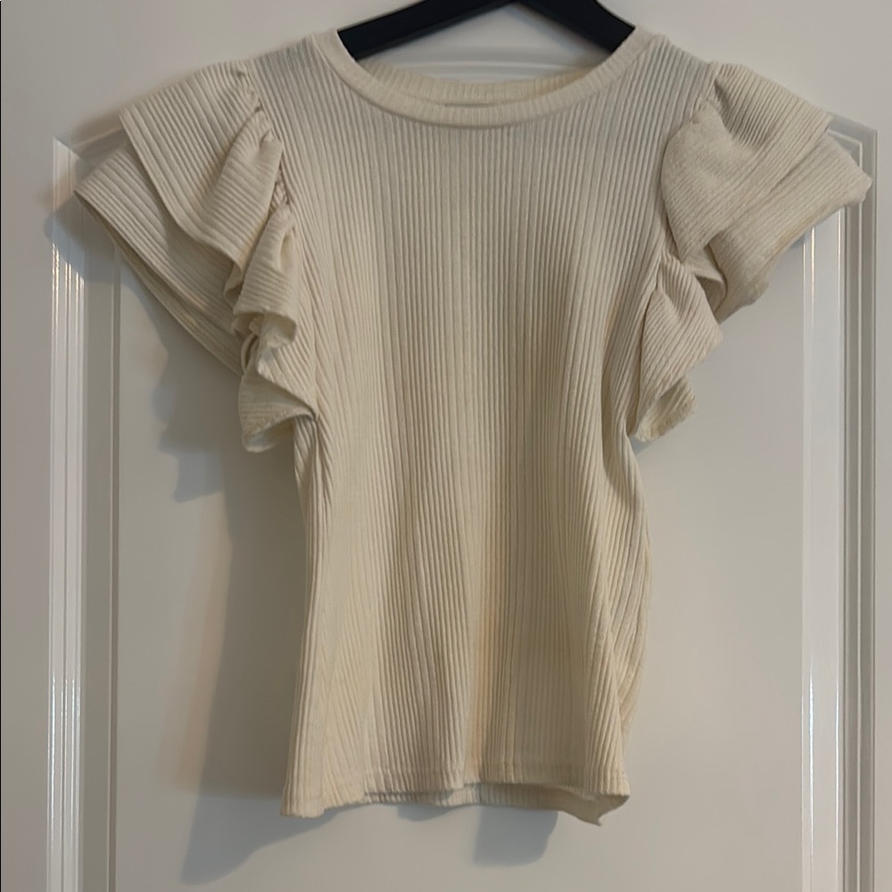 Zara Cream Flutter Sleeve Ribbed Blouse